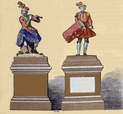 Musicians automatons: The traversiere flute player (1737) and the Tambourine player (1738). They are made by Jacques de Vaucanson (1709-1782), French engineer by Unknown artist
