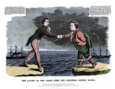 On 17/08/1858 the first transatlantic message was exchanged: two allegorical figures representing John (England) and Jonathan (United States) congratulated each other for the success of the underwater cable break between Europe and the New World. by Unknown artist
