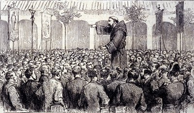 Predication of a Capuchin monk to the pilgrims who came to Lourdes in the High Pyrenees where the Virgin appeared to Bernadette Soubirous in 1858, present place of pilgrimage. Engraving from 1877 by Unknown artist