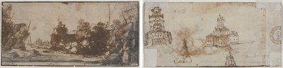 Rocky Inlet with Boats and Buildings (recto); Sketches of Castles (verso) by Unknown artist