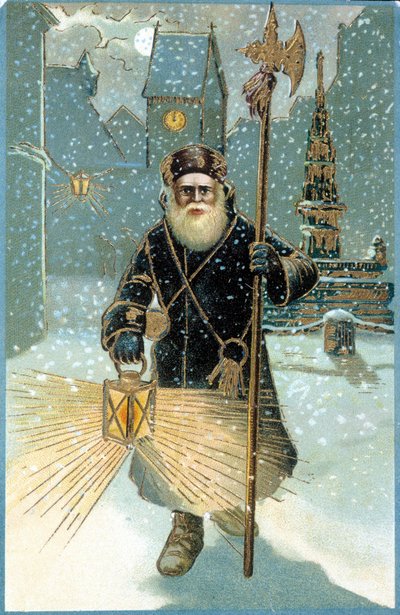 Santa Claus in the night with lantern. 19th century postcard by Unknown artist