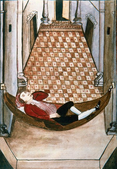 Sleepy Spaniard in a hammock of a rich palace, from the book 