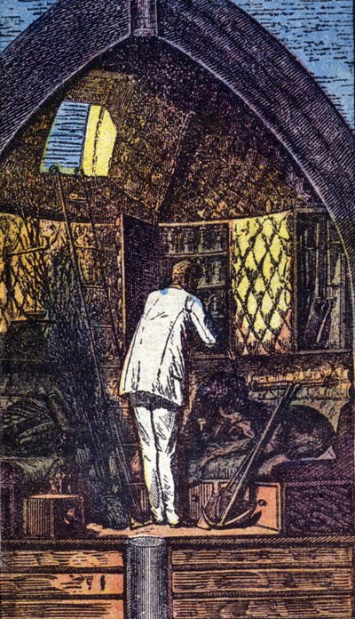 The Astronaut in the Rocket. Engraving in “From Earth to Moon” by Jules Verne by Unknown artist