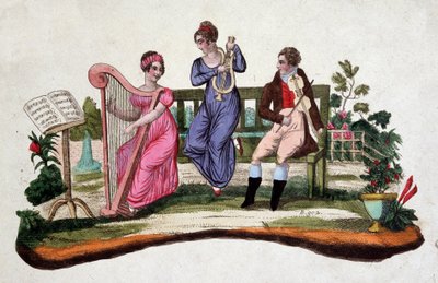 Three people playing musical instruments in a garden: harp, lyre, viola. Etching of the 18th century. by Unknown artist