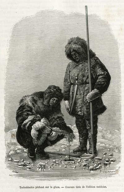 Tschuktschis fishing on ice in Koljutschin Bay (polar circle). Engraving from the Swedish edition, to illustrate the story 