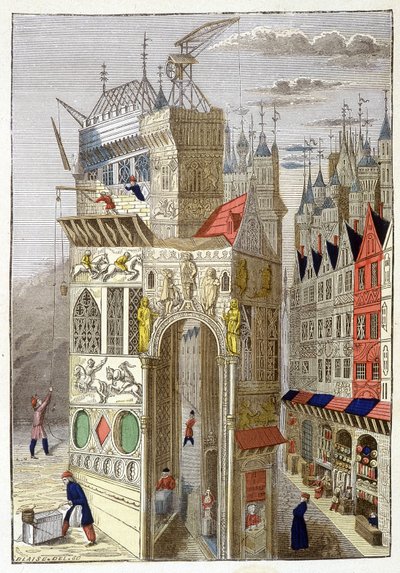 View of a Street in Paris in the 15th Century, with Its Half-Timbered Houses and a Church Under Construction by Unknown artist