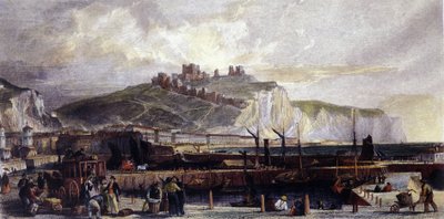 View of the city of Dover and its high white chalk cliffs in England. 1850 by Unknown artist
