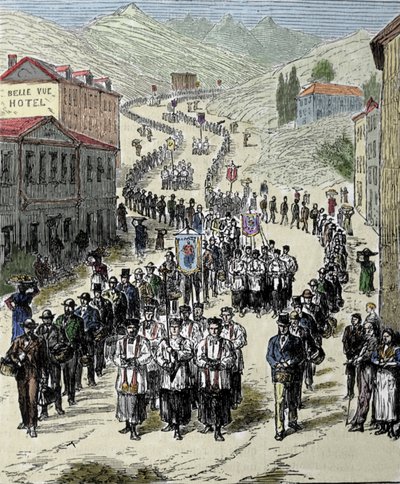 View of the procession from the station to the cave of Lourdes in the High Pyrenees where the Virgin appeared to Bernadette Soubirous in 1858, present place of pilgrimage. Engraving of the 19th century by Unknown artist