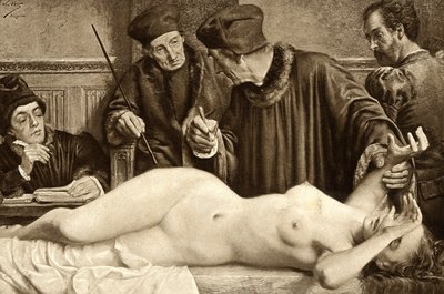 Scientists Looking for a Mole on the Body of a Witch, Illustration by E. Van Hoove, 1888 by Unknown artist