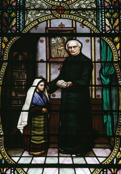 Bernadette and Abbe Peyramale, Stained Glass in Lourdes Parish Church, Languedoc-Roussillon-Midi-Pyrenees, France, 20th Century by Unknown photographer