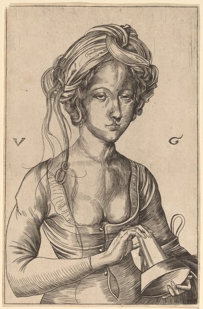 A Bust Figure of a Foolish Virgin Holding Her Inverted Lamp by Urs Graf I after Martin Schongauer