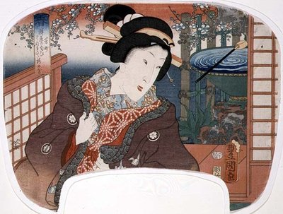 Spring, Yoshi-cho; A geisha in a garden, design for a fan from a set of four illustrating the seasons by Utagawa Kunisada