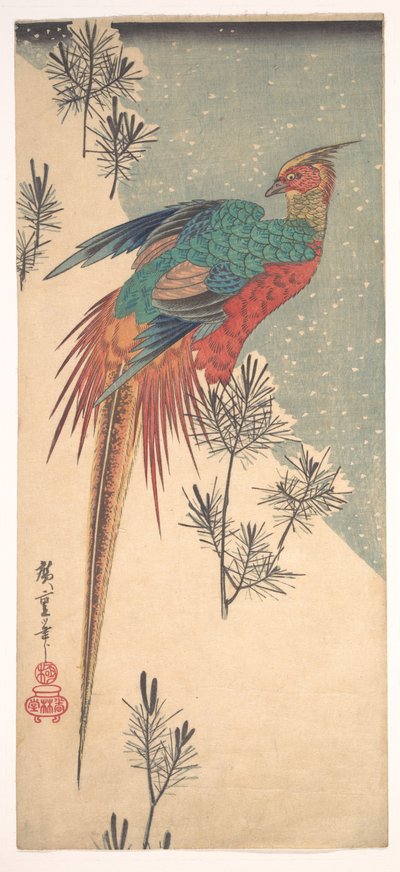 Golden Pheasant and Pine Shoots in Snow by Utagawa Hiroshige