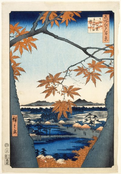 Maple Trees at Mama, Tekona Shrine and Linked Bridge by Utagawa Hiroshige
