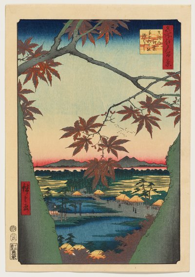 Maple Trees at Mama, Tekona Shrine and Linked Bridge by Utagawa Hiroshige