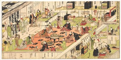 A sold-out performance is celebrated backstage at the Nakamura Kabuki Theatre by Utagawa Kunisada