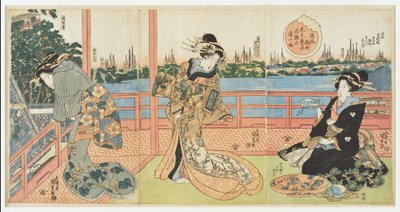 Shinmachi in Osaka: High-ranking courtesans enjoying themselves at the Ukamuse restaurant, from the series "Famous Restaurants in the Provinces" by Utagawa Kunisada