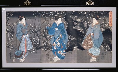 An Oban Triptych Depicting a Nocturnal Scene with Three Bijin by Utagawa Kuniyoshi