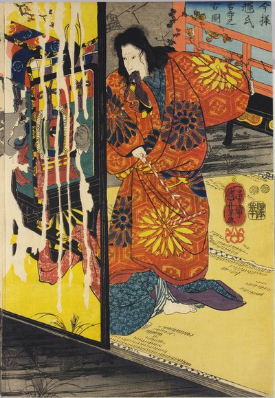 Part of a color woodblock triptych print entitled Imayo Teruuji furudera no kozu by Utagawa Kuniyoshi
