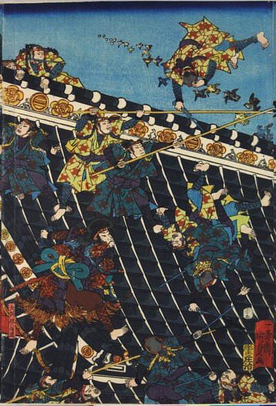 Sheet from a colour woodblock print triptych, entitled Hōryukaku shō no zu depicting a scene from the Hakkenden of Takizawa Bakin showing a fight on the temple roof between Inuzuka Shino (right), and the police under Inukai Kempachi, adapted from a triptyc by Utagawa Kuniyoshi