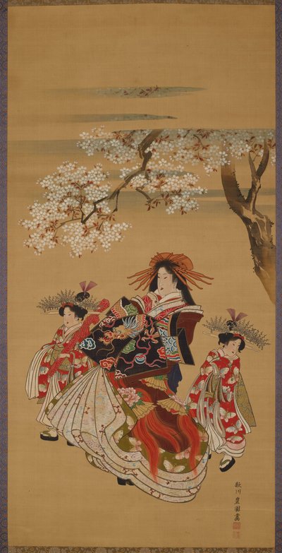 Courtesan with Two Kamuro Under Cherry Blossoms by Utagawa Toyokuni