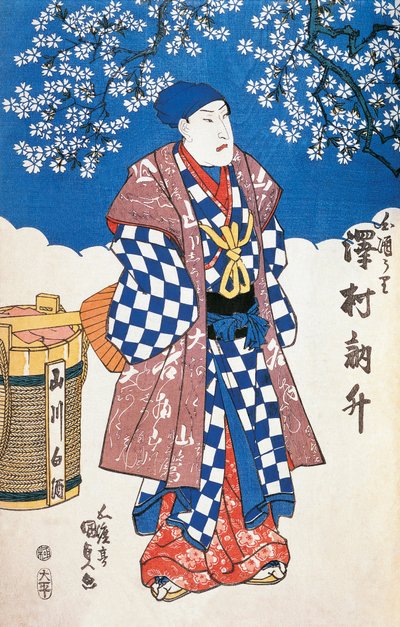 Japanese Actor in Kimono and Background Decorated with Apple Blossoms by Utagawa Toyokuni