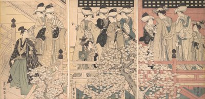 Beauties on a Veranda among Cherry Blossoms from which a Samurai is Departing by Utagawa Toyokuni I