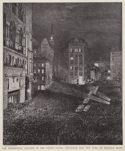 Newspaper Row, New York City, on the night of the US presidential election, 8 November 1892 by V. Perard