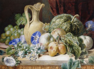 A Still Life with a Jug, Apples, Plums, Grapes and Flowers by Valentine Bartholomew