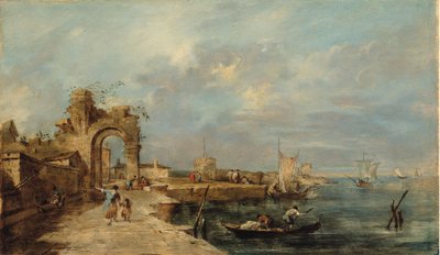 Caprice, with ruined arch and seaport by Venetian School