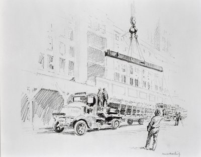 Steel beam being winched up from the truck, to be used in the construction of the Empire State Building by Vernon Howe Bailey