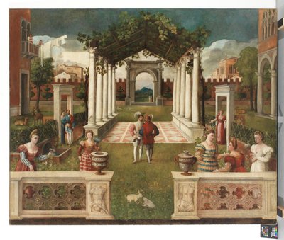 A Classical Architectural Garden with Elegant Figures, a Mountainous Landscape Beyond by Veronese School