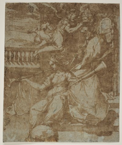 A Pope Crowned by an Angel, with Fama at His Feet Resting Her Foot on a Globe and Blowing Her Trumpet by Vespasiano Strada