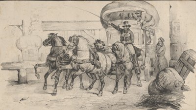 Five horses pulling a carriage with passengers by Victor Adam