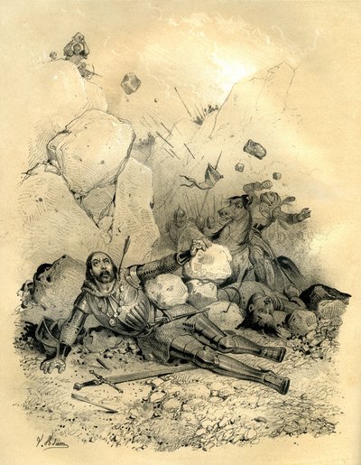 Roland, Count of the March of Brittany Died by a Detachment of Vascons (Basques) in 778 in the Valley of Ronceveaux (Pyrenees). Engraving by Victor Adam (1801-1866) in the Book 