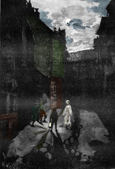 Paranormal Phenomenon: Appearance of a Ghost in the Courtyard of a Haunted Castle. Engraving from 