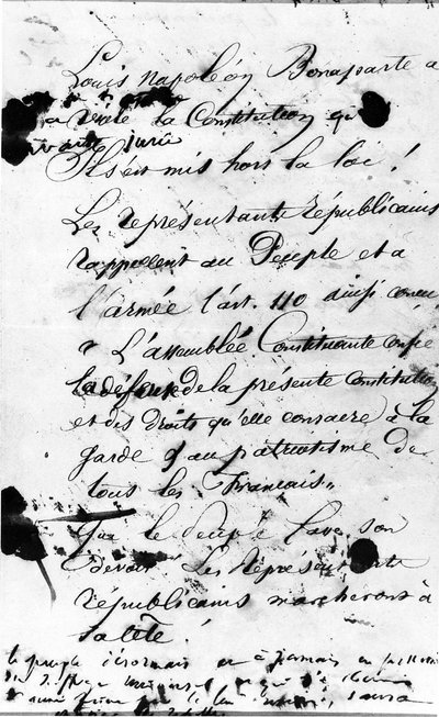 First page of the Manifesto appealing to the people of Paris to reject the violation of the French Constitution by Louis Napoleon Bonaparte, 1851 by Victor Hugo