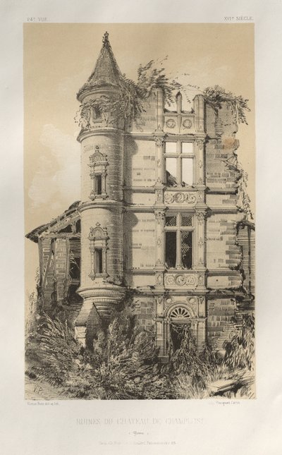Picturesque Architecture or Monuments of the 15th and 16th Centuries: Castles of France of the 15th and 16th Centuries: Pl. 24, Ruins of the Castle of Champlost (Yonne) by Victor Petit