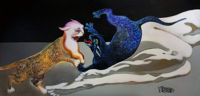 Blue Gold Feline Embrace by Victor Tkachenko