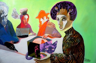Enigmatic Figures and a Cat by Victor Tkachenko