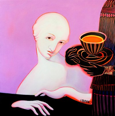Pink Woman with Tea by Victor Tkachenko