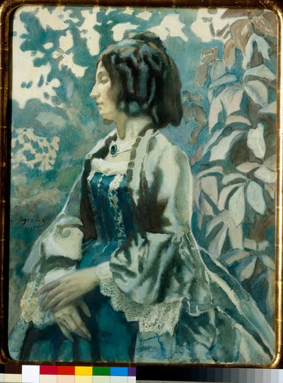 Portrait of a Woman, Eyes Closed, Pensive, Wearing a Crinoline Dress by Viktor Elpidiforovich Borisov Musatov