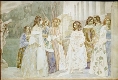 Requiem: young women in crinoline dresses discussing in a garden by Viktor Elpidiforovich Borisov Musatov