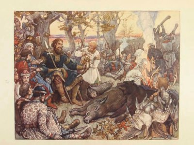 Rest of Grand Prince Vladimir II Monomakh on the Hunt. The Imperial Hunt in Russia by N. Kutepov by Viktor Mikhaylovich Vasnetsov