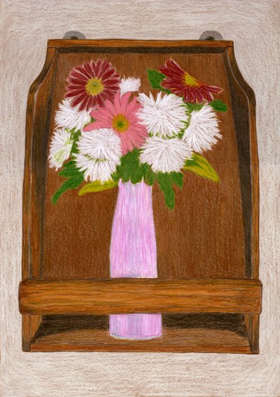 Flowers on Wooden Shelf by Viktoriia Saunina