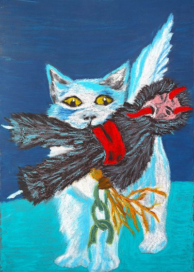 Winged Cat Catches Demon by Viktoriia Saunina