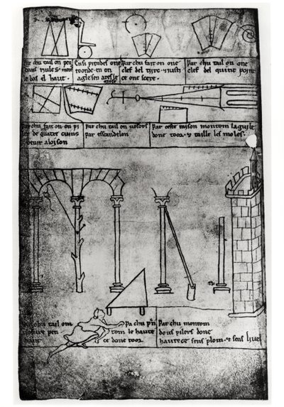 Geometrical Figures for Construction, Arches and Man Measuring the Height of a Tower by Villard de Honnecourt