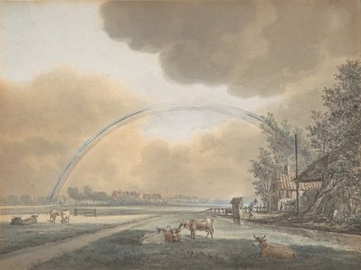 Landscape with a Rainbow over a Farmhouse and Distant Village by Vincent Jansz. van der Vinne