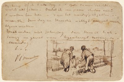Postcard with Two Peasants Digging by Vincent van Gogh