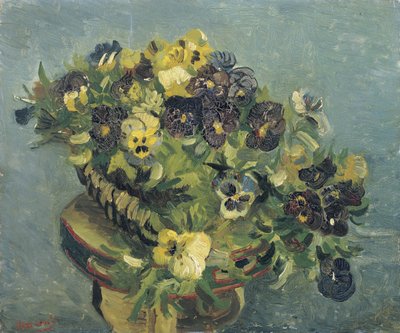 Basket of pansies on a small table by Vincent van Gogh